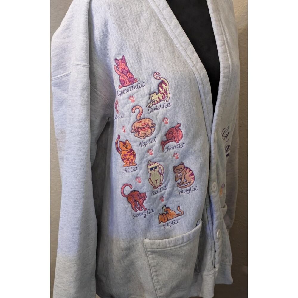 VTG B-Wear Cat Tales Embroidered Cardigan Sweatshirt XL Gray USA Cottagecore - Picture 3 of 7